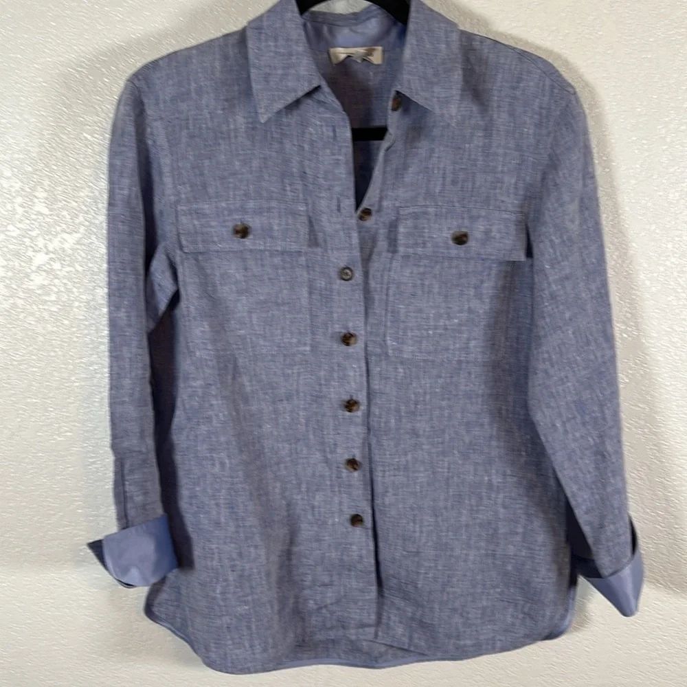 Lafayette 148 Ezra Linen Button Down Shirt Satin Inner Cuff Oversized Size XS - Picture 3 of 10